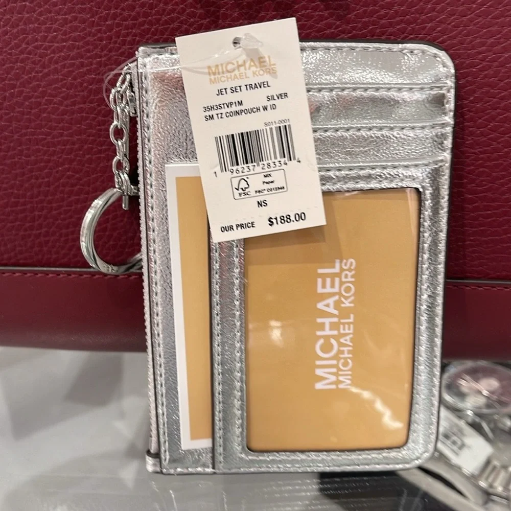 MICHAEL KORS Jet Set Travel Small Top Zip Coin Pouch With ID Silver NWT